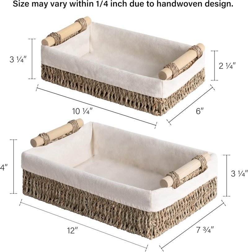 StorageWorks Small Seagrass Baskets for Organizing, Wicker Basket for Organizer, Storage Baskets with Wooden Handles and Natural Fiber Liner, Set of 2 - Image 2